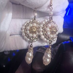 Vintage Fazio Gold-tone and Cream Faux Pearl Drop Earrings